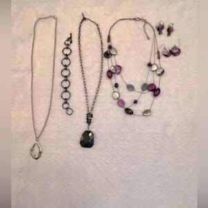 Womens Jewelry Set 3 Necklaces 1 Bracelet 3 Earrings Purple Black Silver Tone